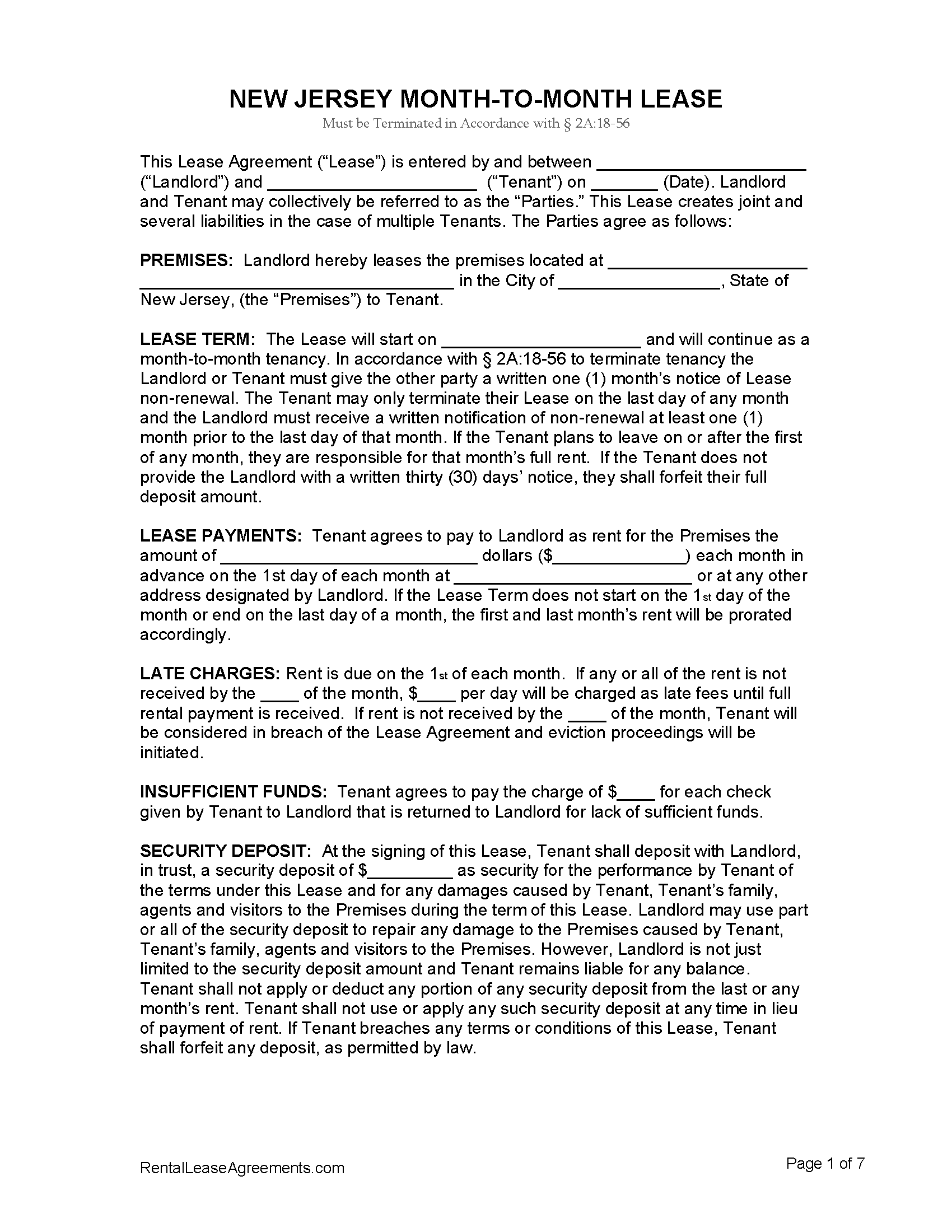 Free New Jersey Month to Month Lease Agreement PDF MS Word