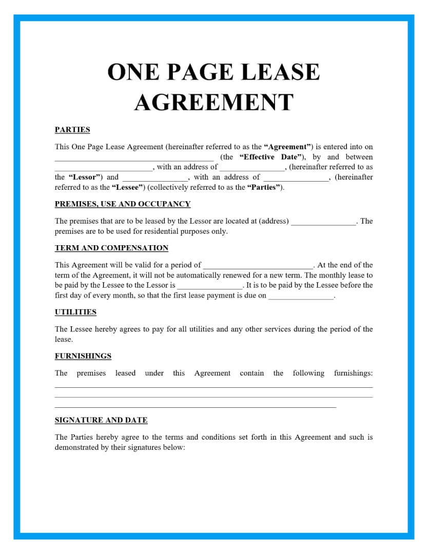 Free One Page Lease Agreement Templates Worksheets Library