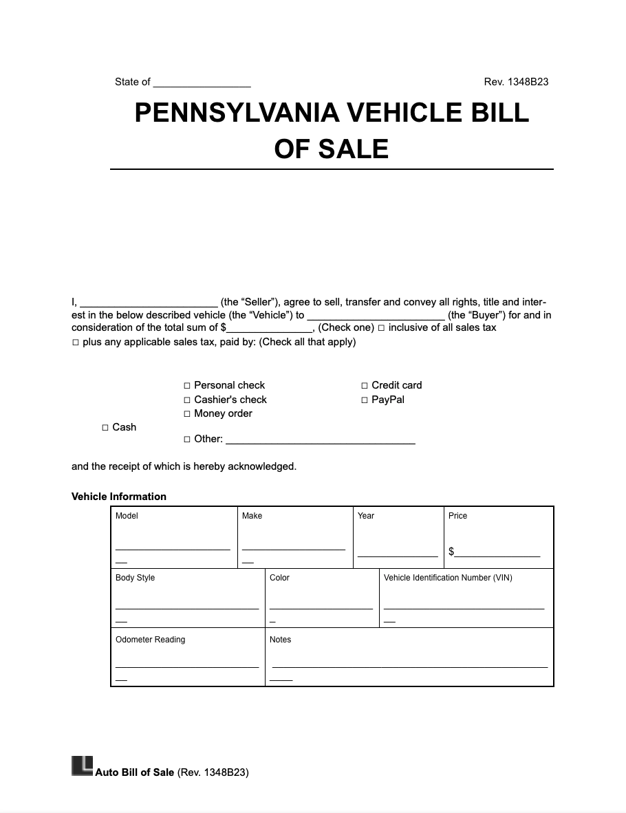 Free Pennsylvania Vehicle Bill Of Sale Form PDF Word