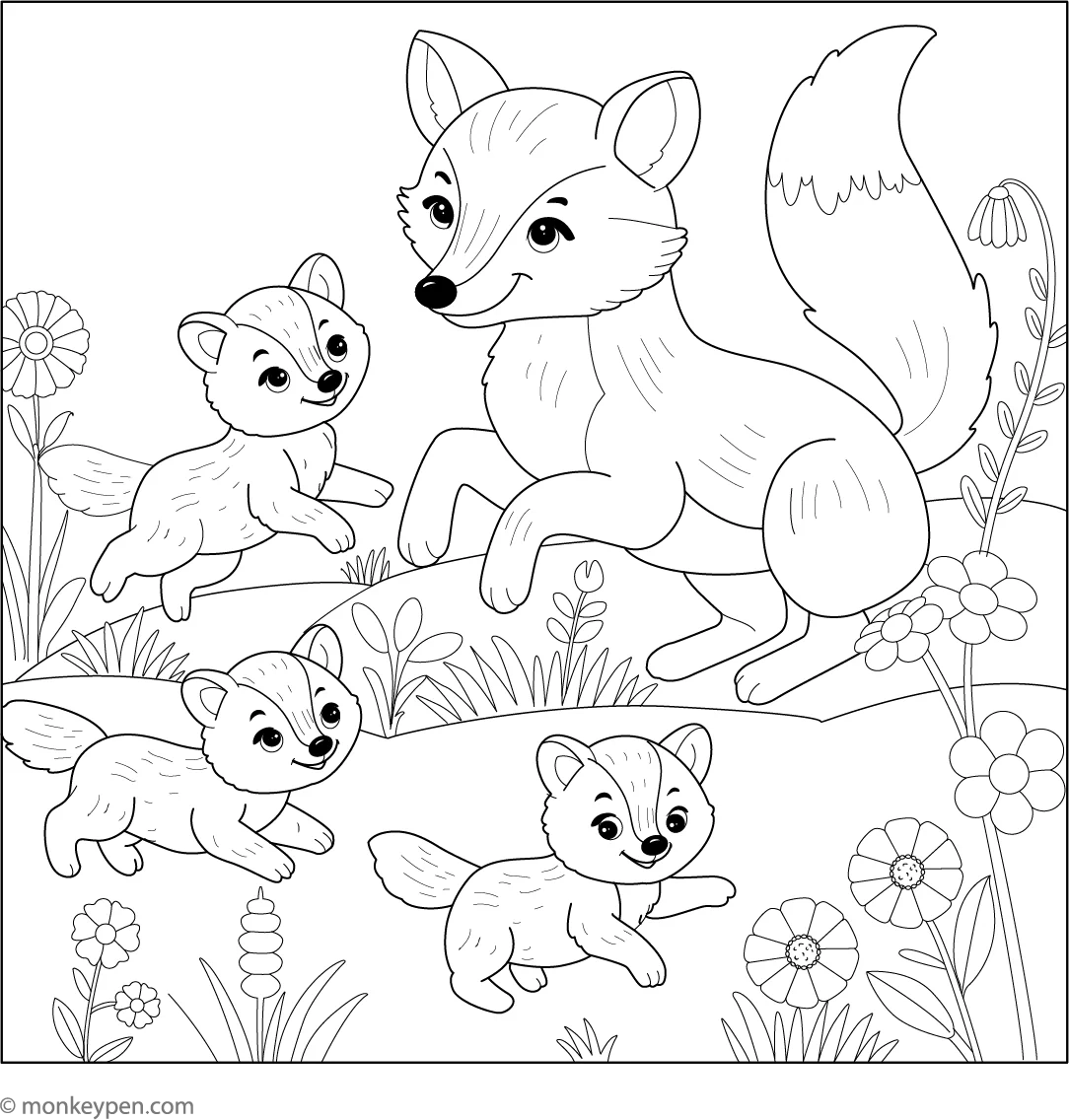 Free Playful Fox Family Coloring Page Printable For Kids