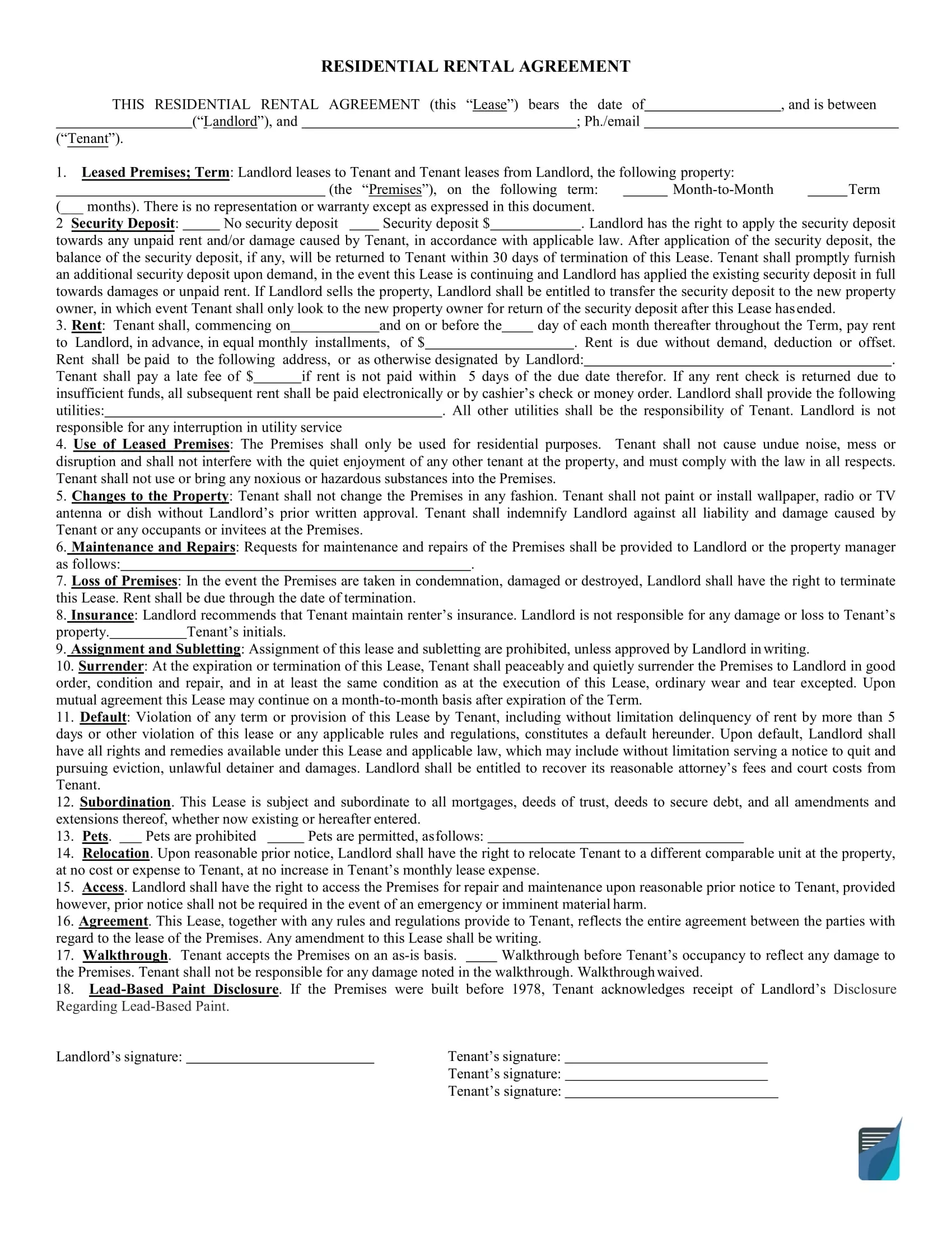 Free Printable Basic Rental Agreement One page Rental Form