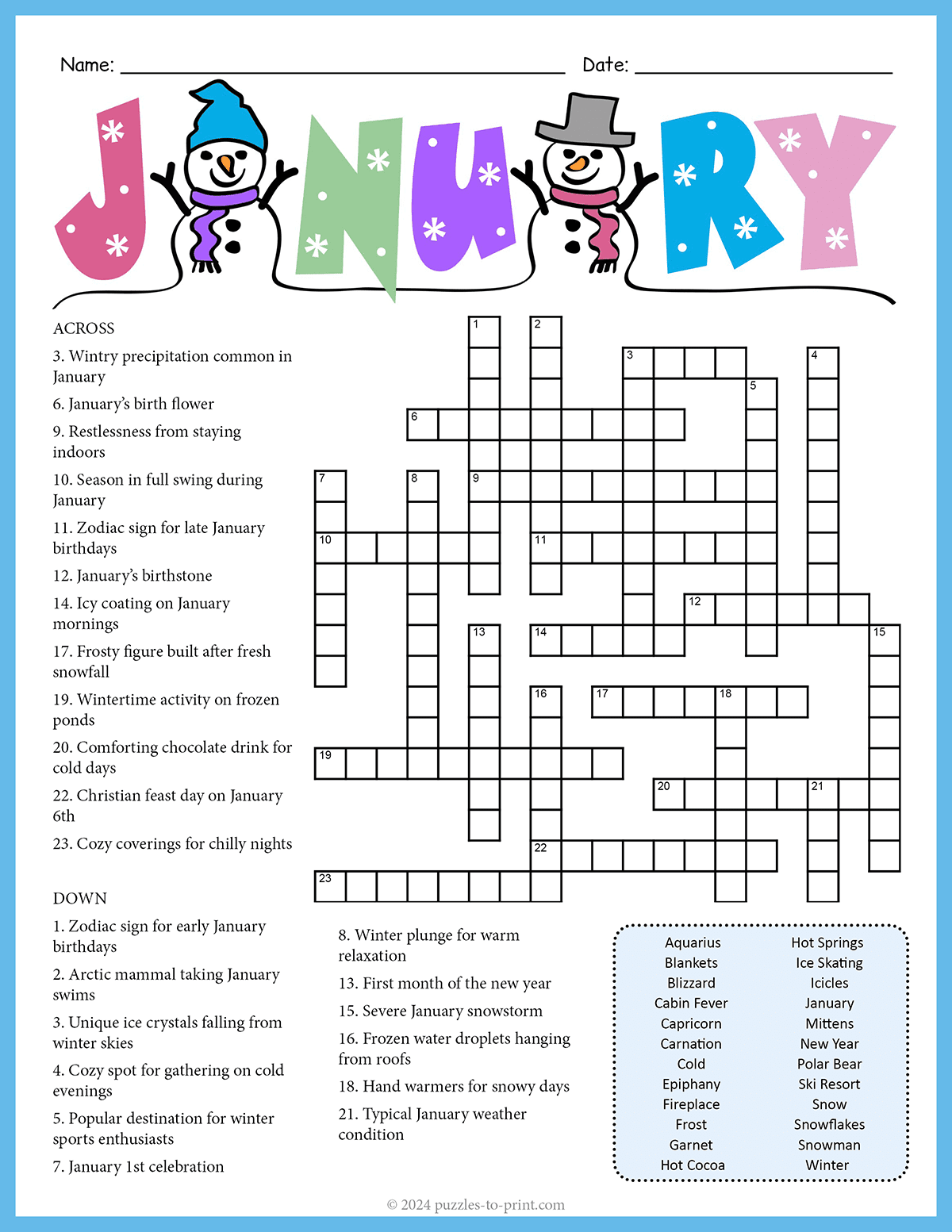 Free Printable January Crossword