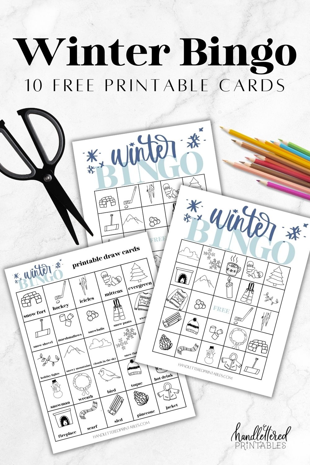 Free Printable Winter Bingo Game For Kids 10 Cards Hand Lettered Printables Free Printable Winter Bingo Game For Kids 10 Cards Hand Lettered Printables