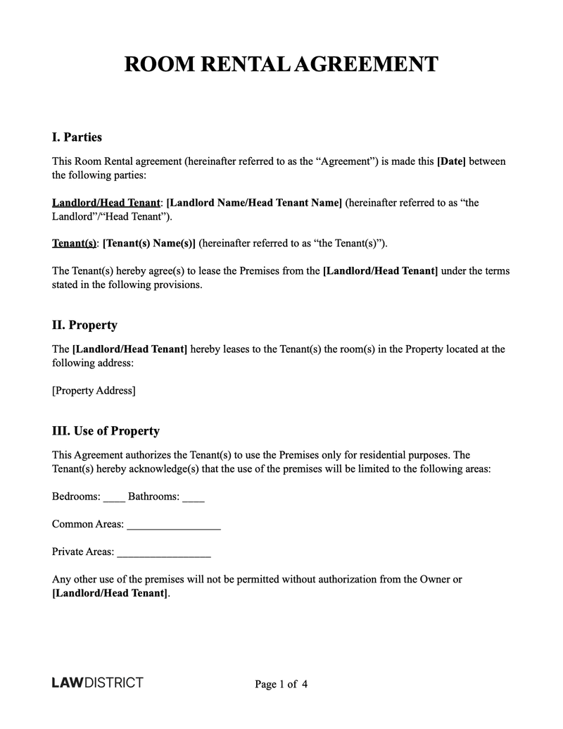 Free Room Rental Agreement PDF Template Word Lawdistrict