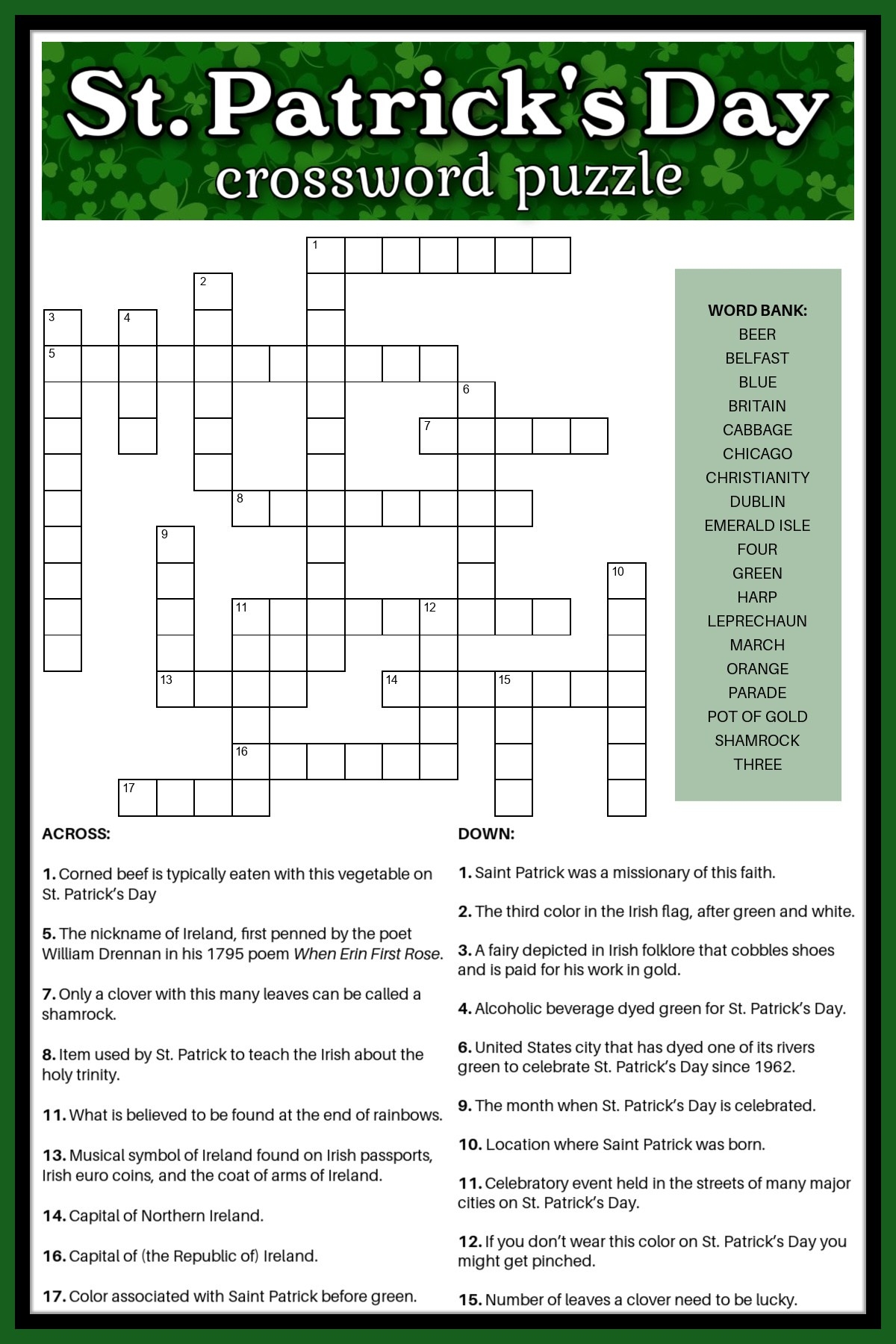 Free St Patrick s Day Crossword Puzzle Answer Key Included