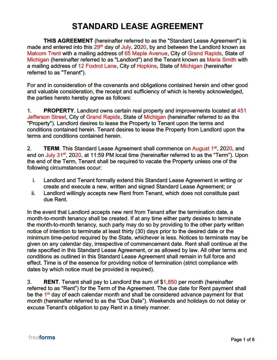 Free Standard Residential Lease Agreement Template PDF Word