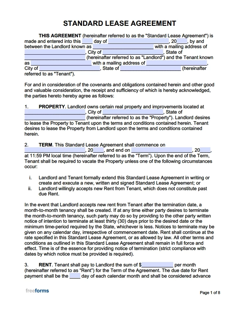 Free Standard Residential Lease Agreement Template PDF Word