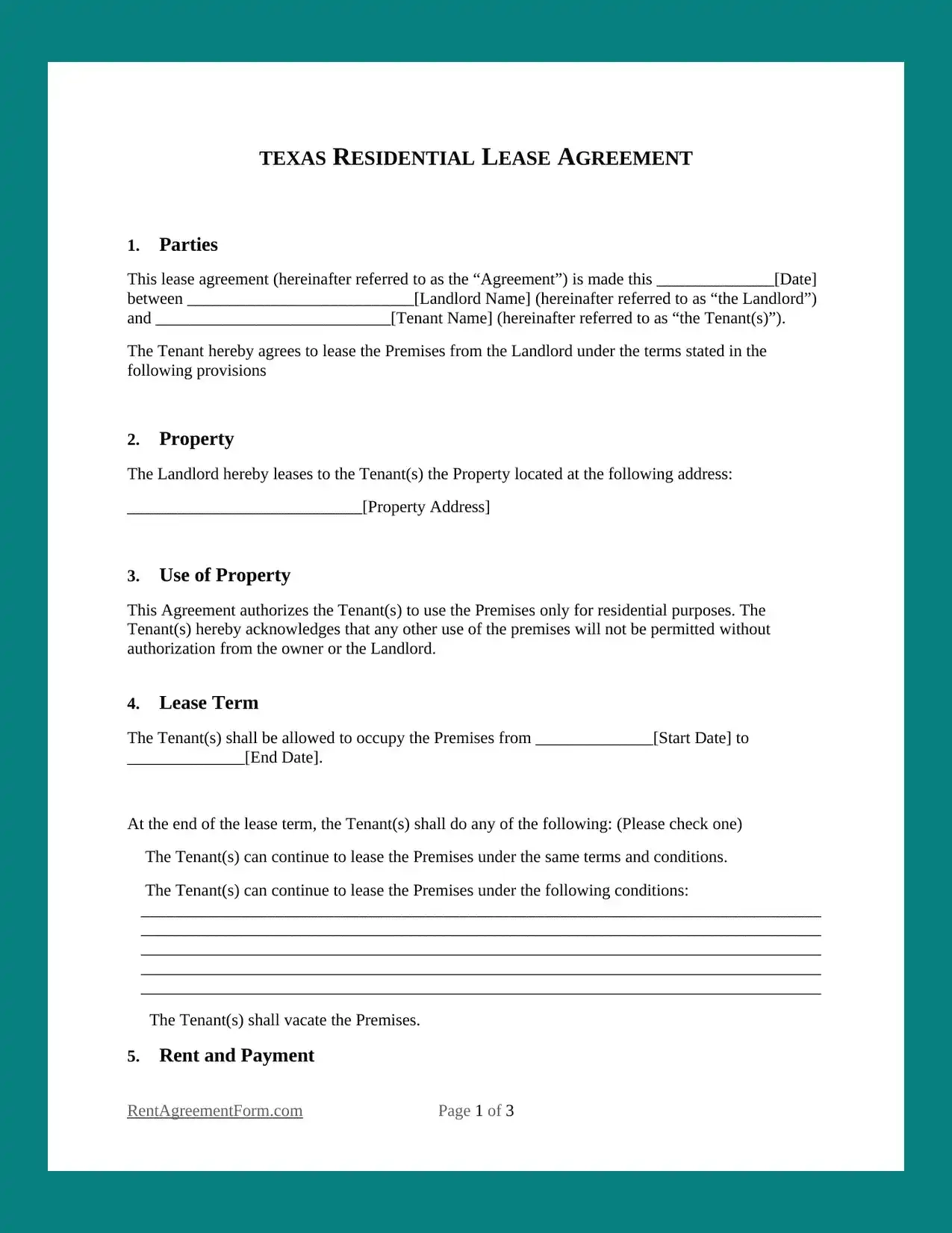 Free Texas TX Rental Lease Agreement Form PDF Word
