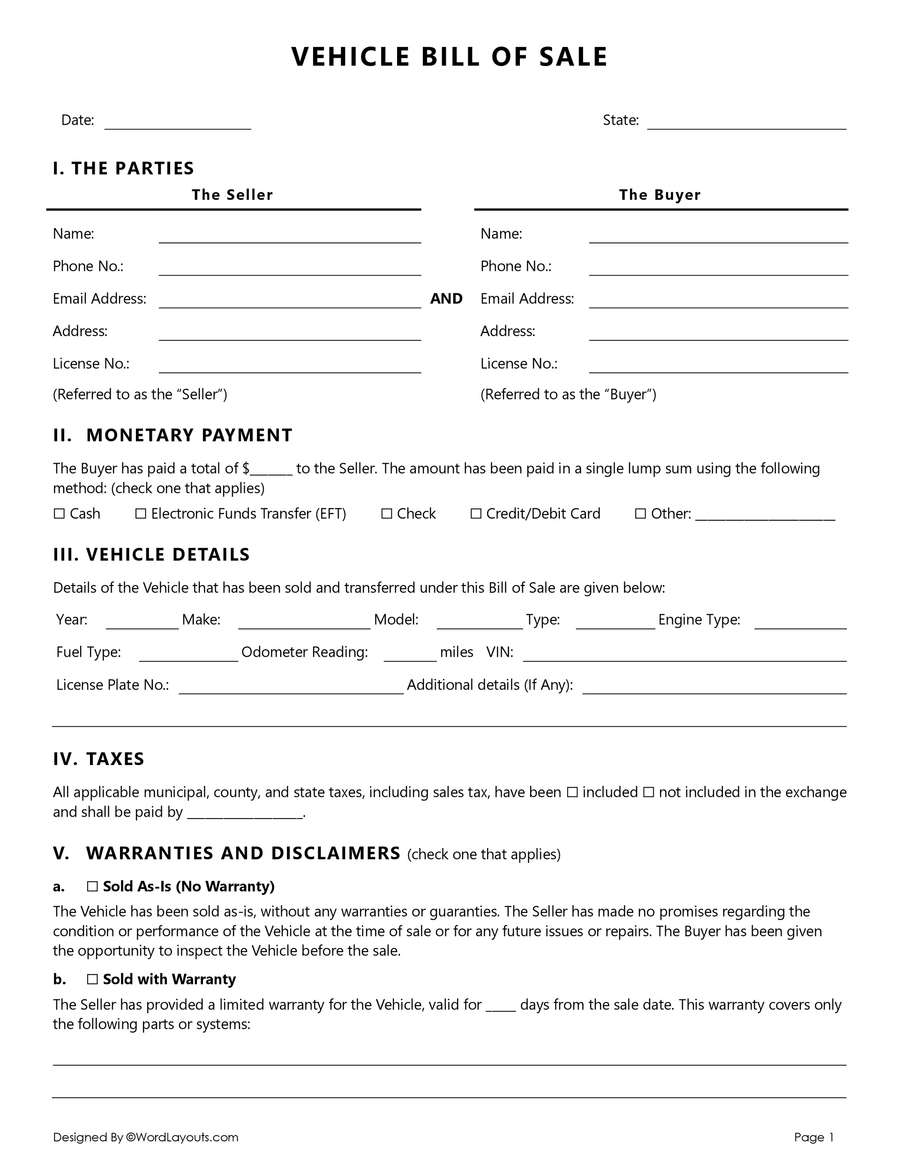 Free Vehicle Bill Of Sale Form Word Google Docs