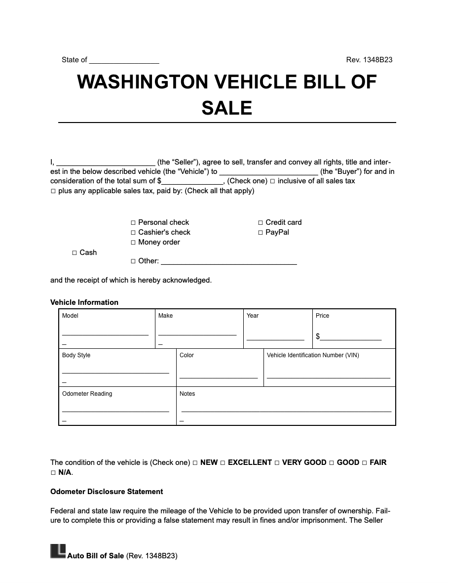 Free Washington Vehicle Bill Of Sale Form PDF Word