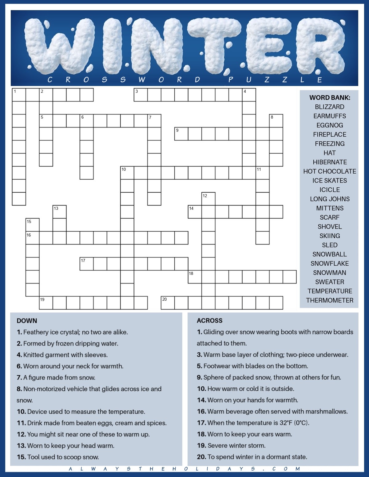 Free Winter Crossword Puzzle Printable With Answers PDF JPG