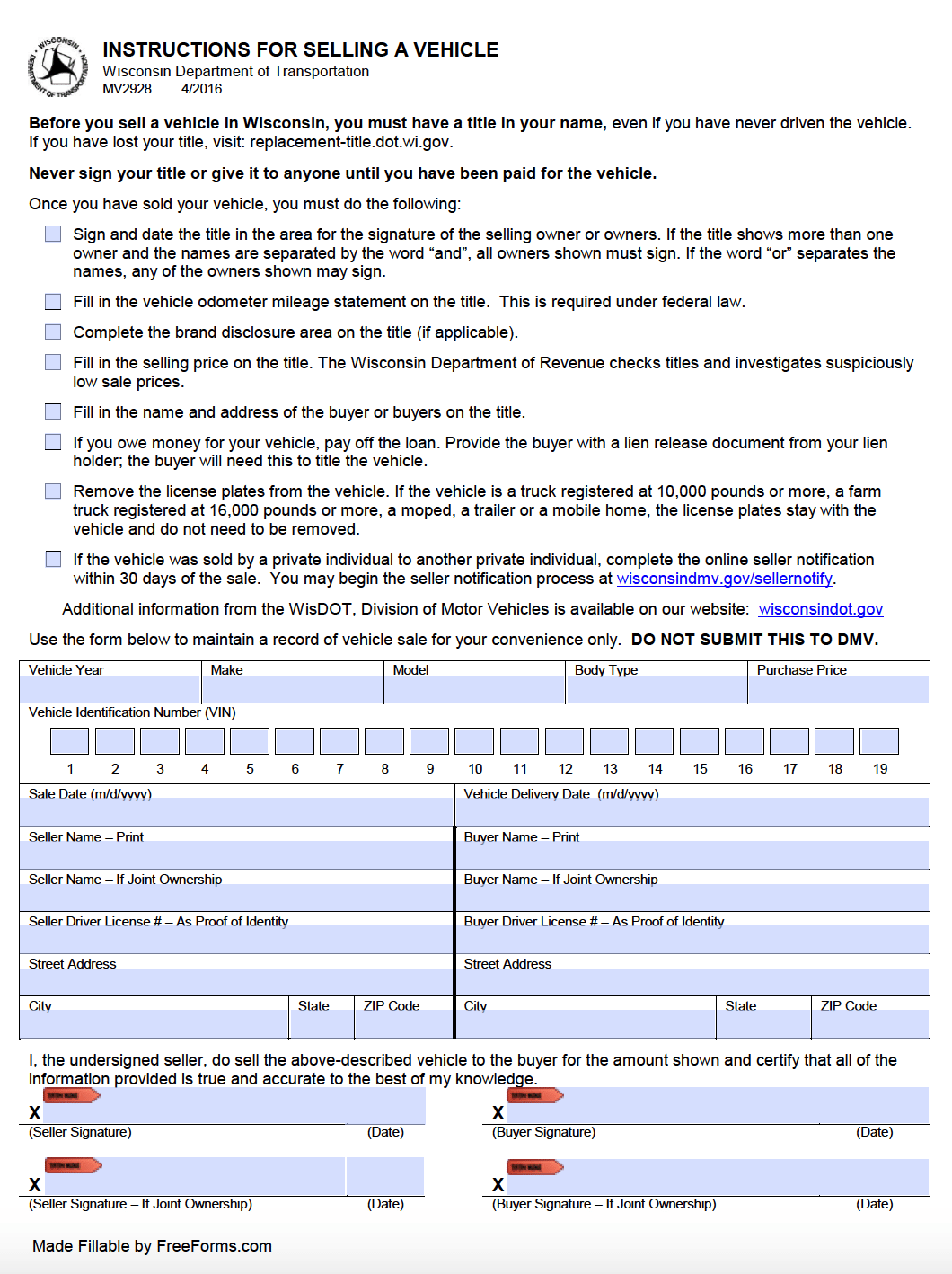 Free Wisconsin Bill Of Sale Forms PDF