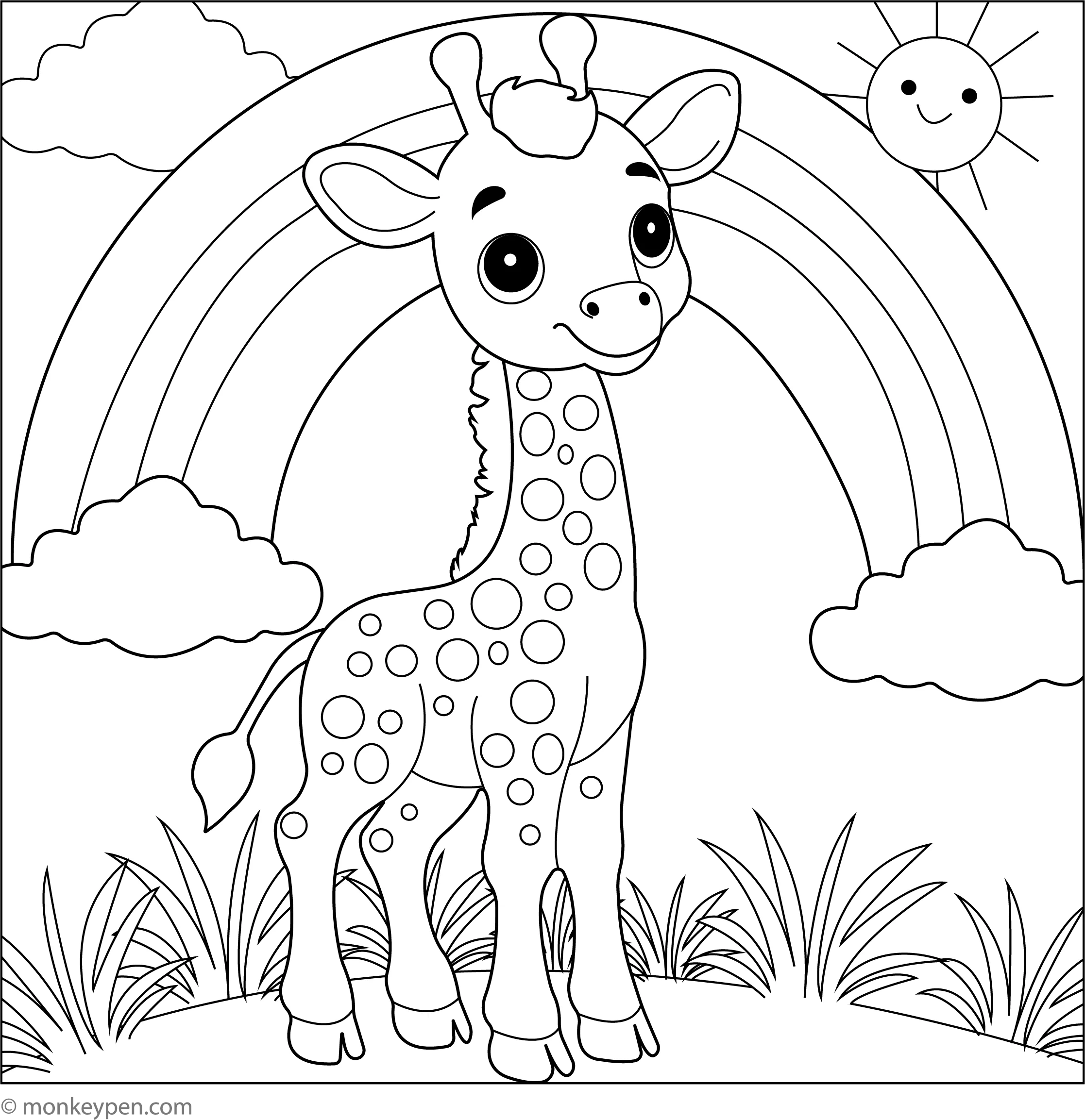 Giraffe And A Rainbow Coloring Page Free PDF For Kids