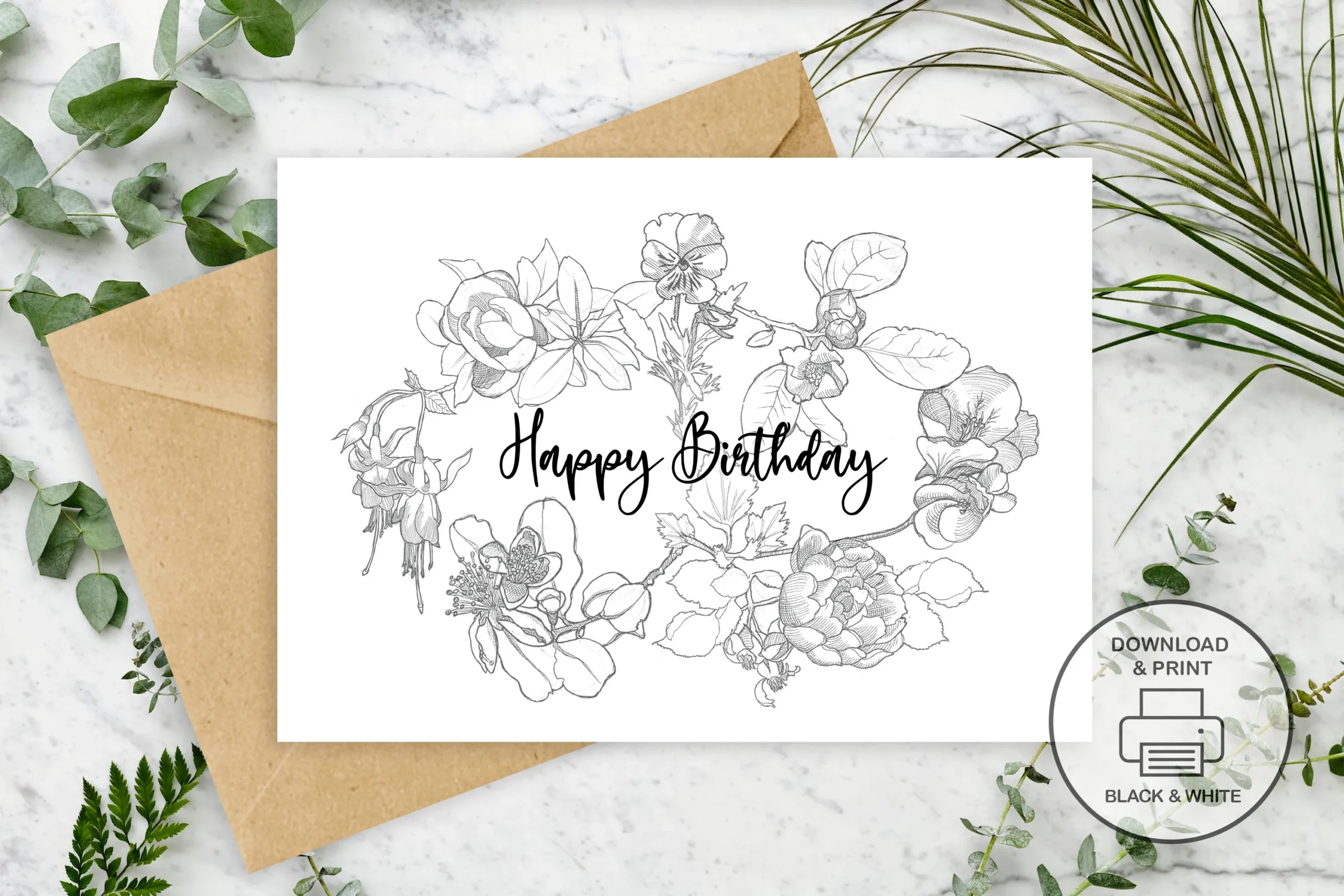 Happy Birthday Printable Card Hand Illustrated Black And White DIY Instant Download Etsy Happy Birthday Printable Card Hand Illustrated Black And White DIY Instant Download Etsy