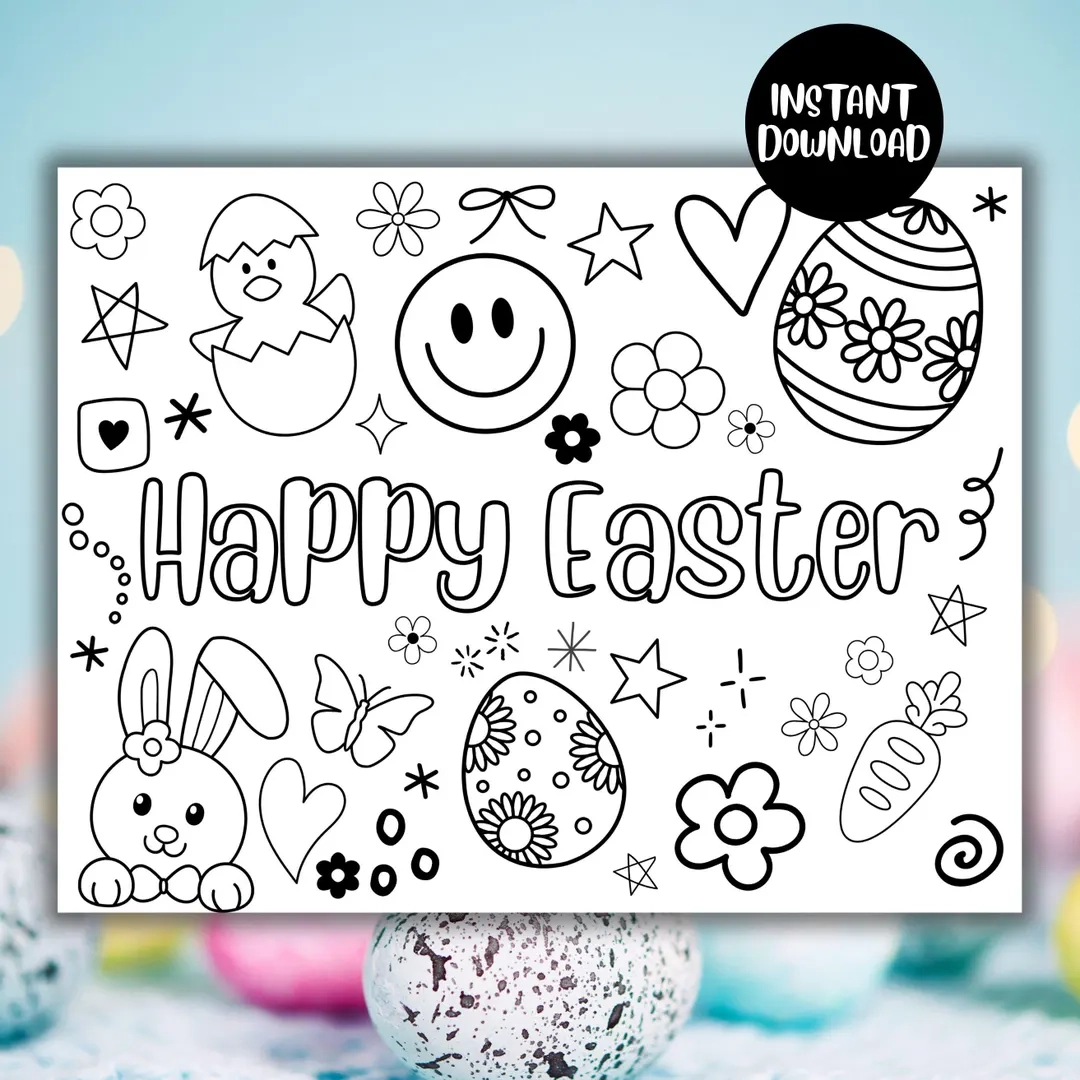 Happy Easter Coloring Sheet For Kids Preppy Aesthetic Easter Coloring Page Fun Festive Activity Easter Party Cute Smiley Face Doodles Etsy