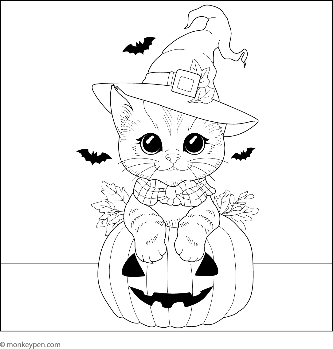 Happy Halloween Kitten Free Coloring Page PDF For Kids