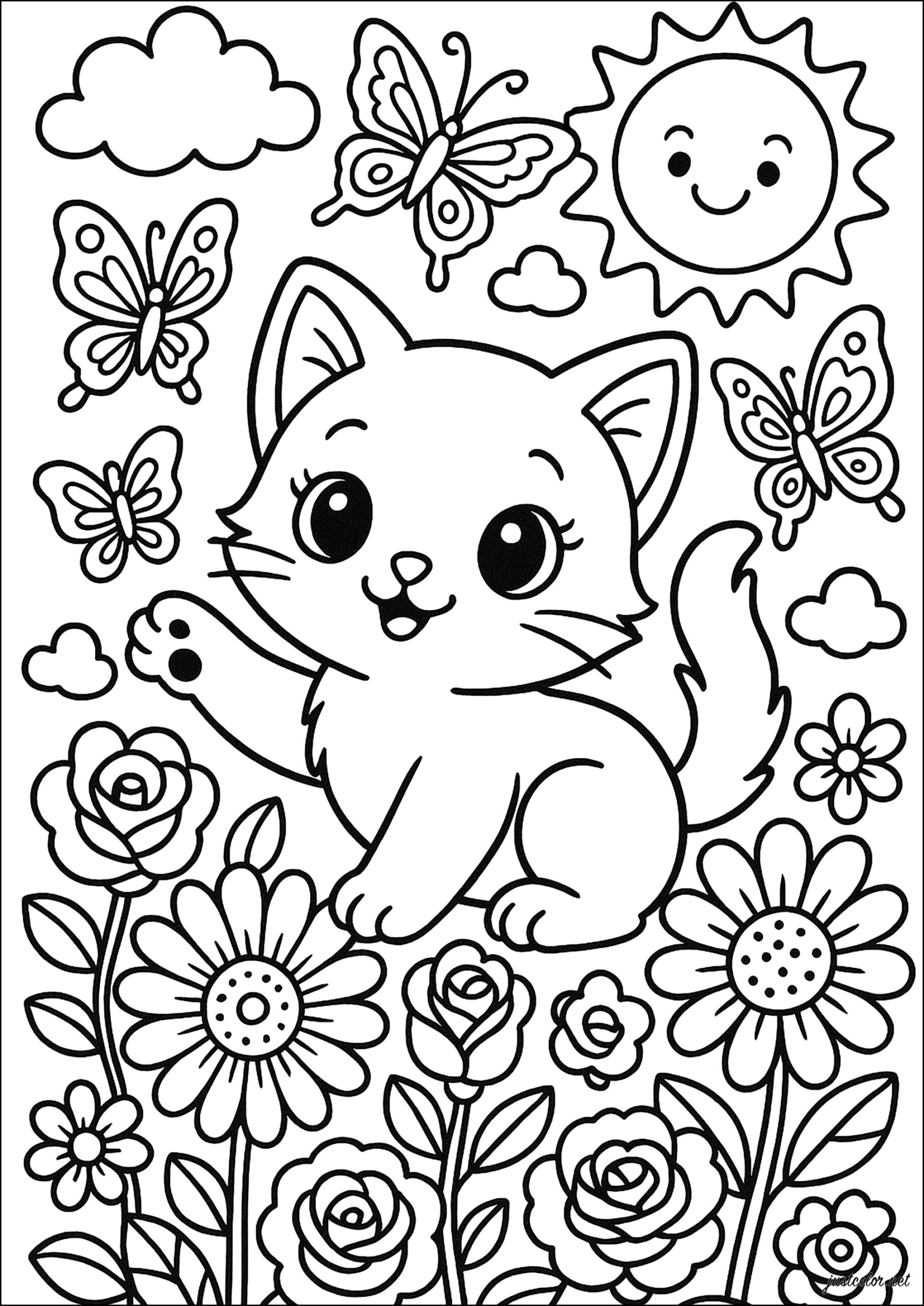 Happy Kitten In The Magic Garden Cat Coloring Pages