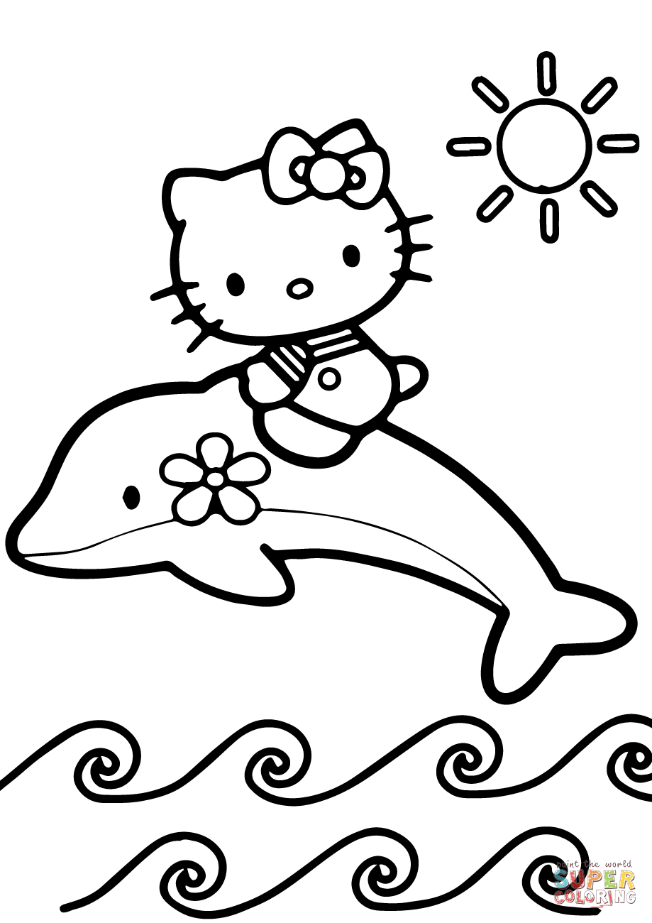 Hello Kitty Rides A Dolphin Coloring Page Free Printable