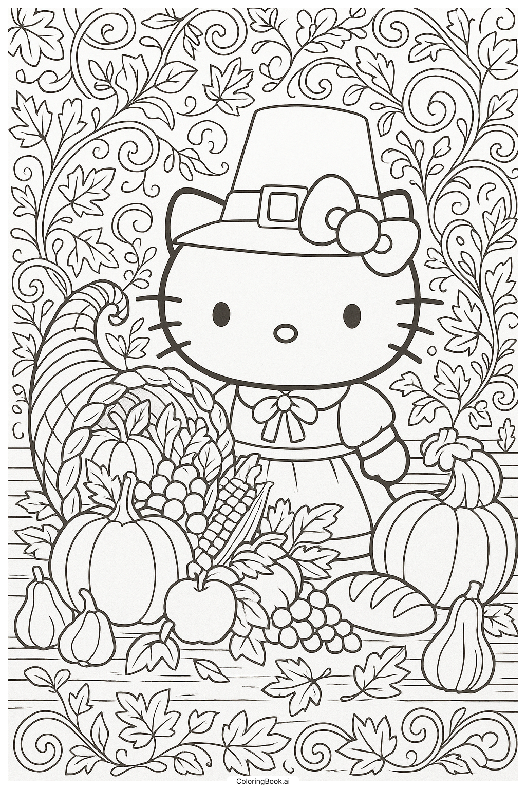 Hello Kitty Thanksgiving A Full Cornucopia Coloring Page Free PDF PNG Printable 