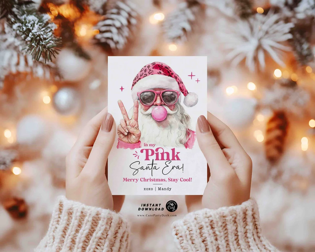 In My Pink Santa Era Christmas Card Printable INSTANT DOWNLOAD Editab Cute Party Dash