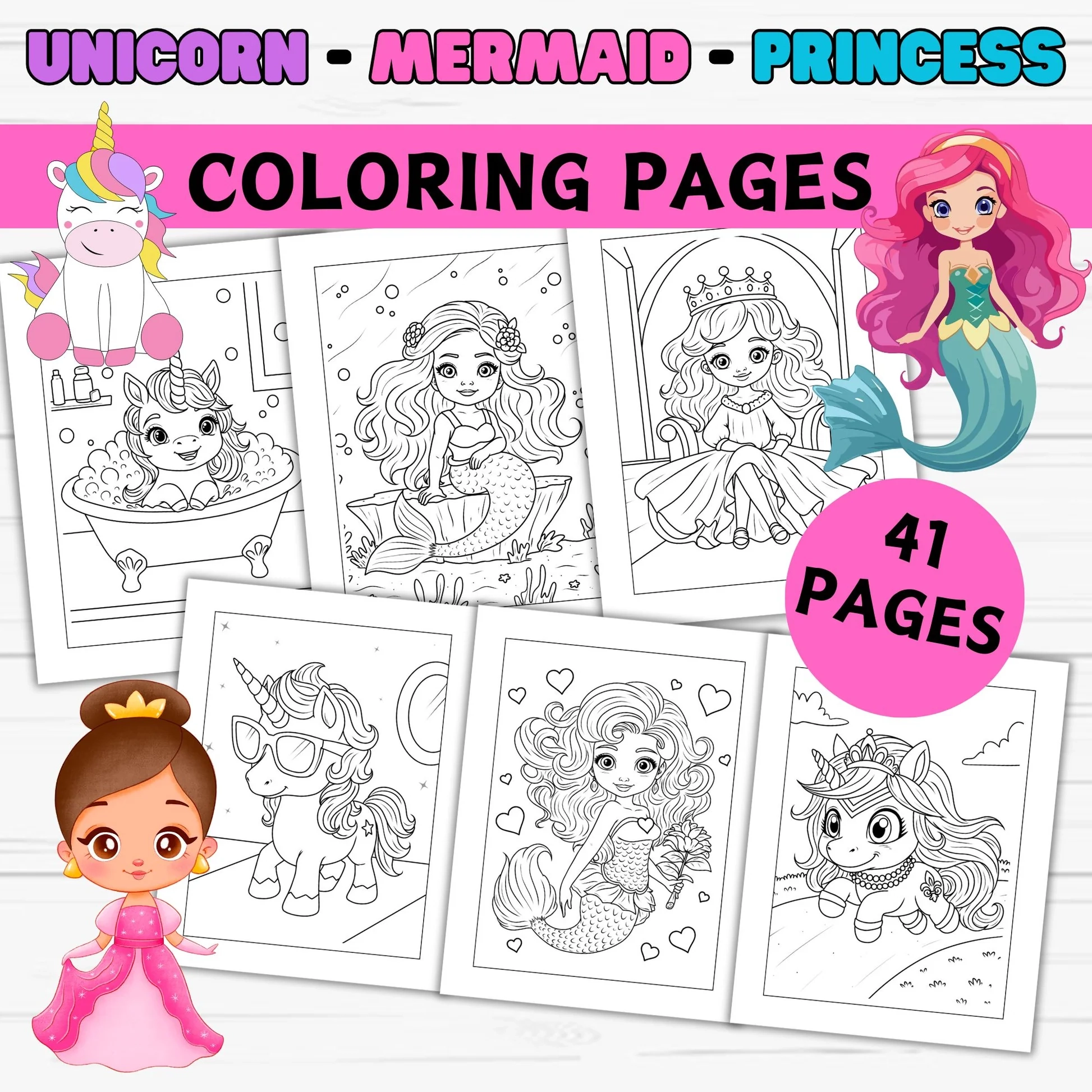 Magical Unicorn Princess Mermaid Coloring Pages Set For Kids Printab Girly Girl Tutus