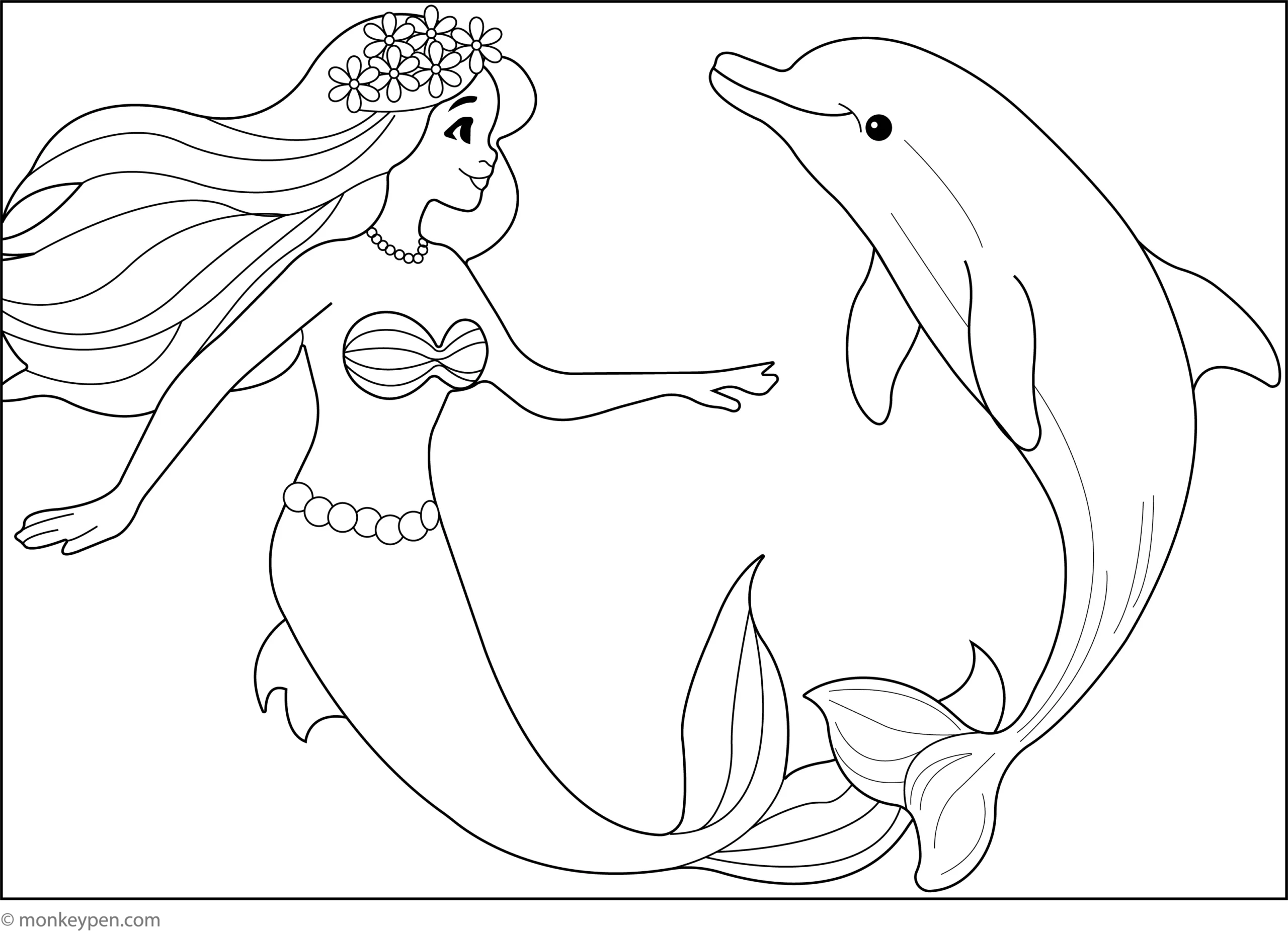 Mermaid And Dolphin Friendship Free Coloring Page