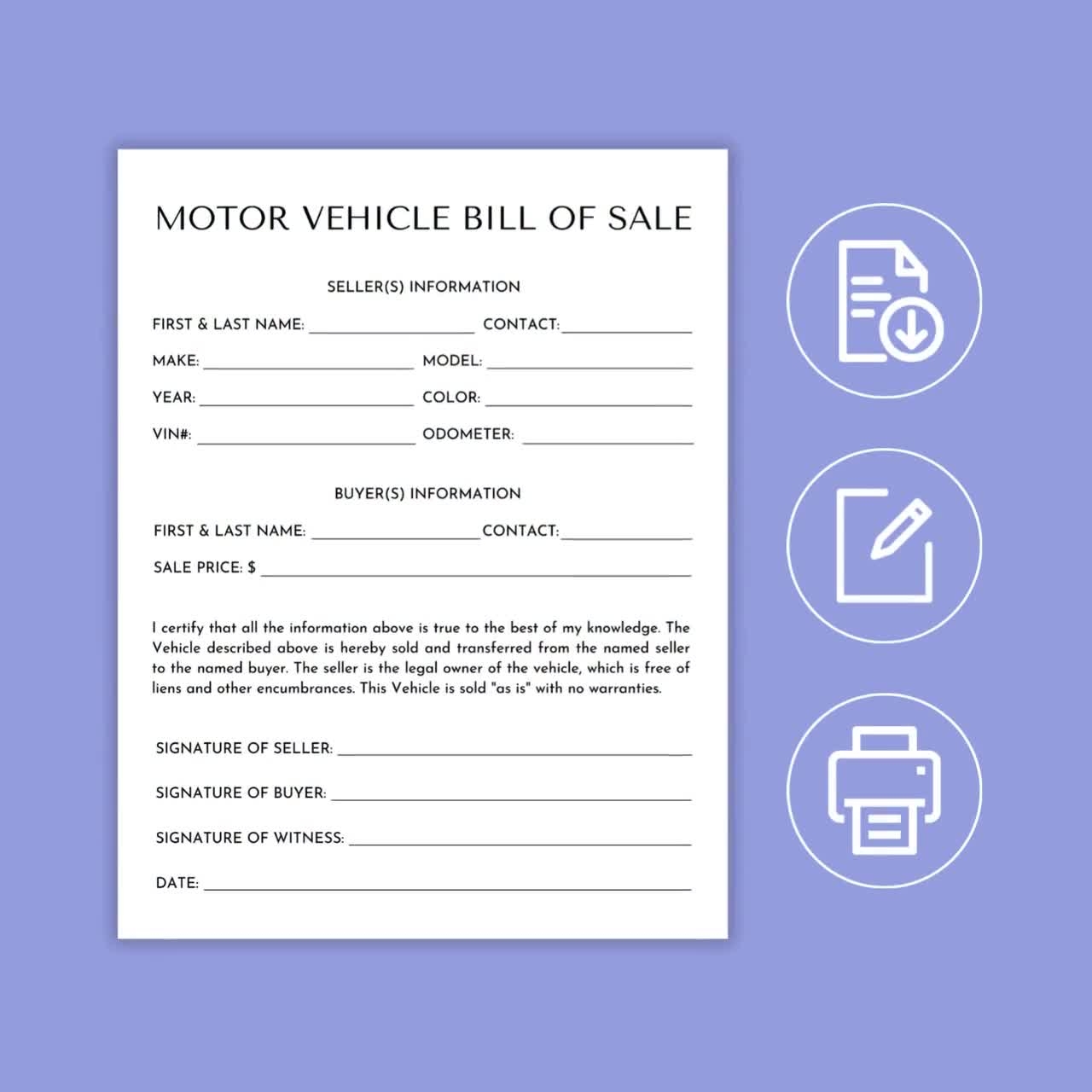 Motor Vehicle Bill Of Sale Template printable Form Etsy