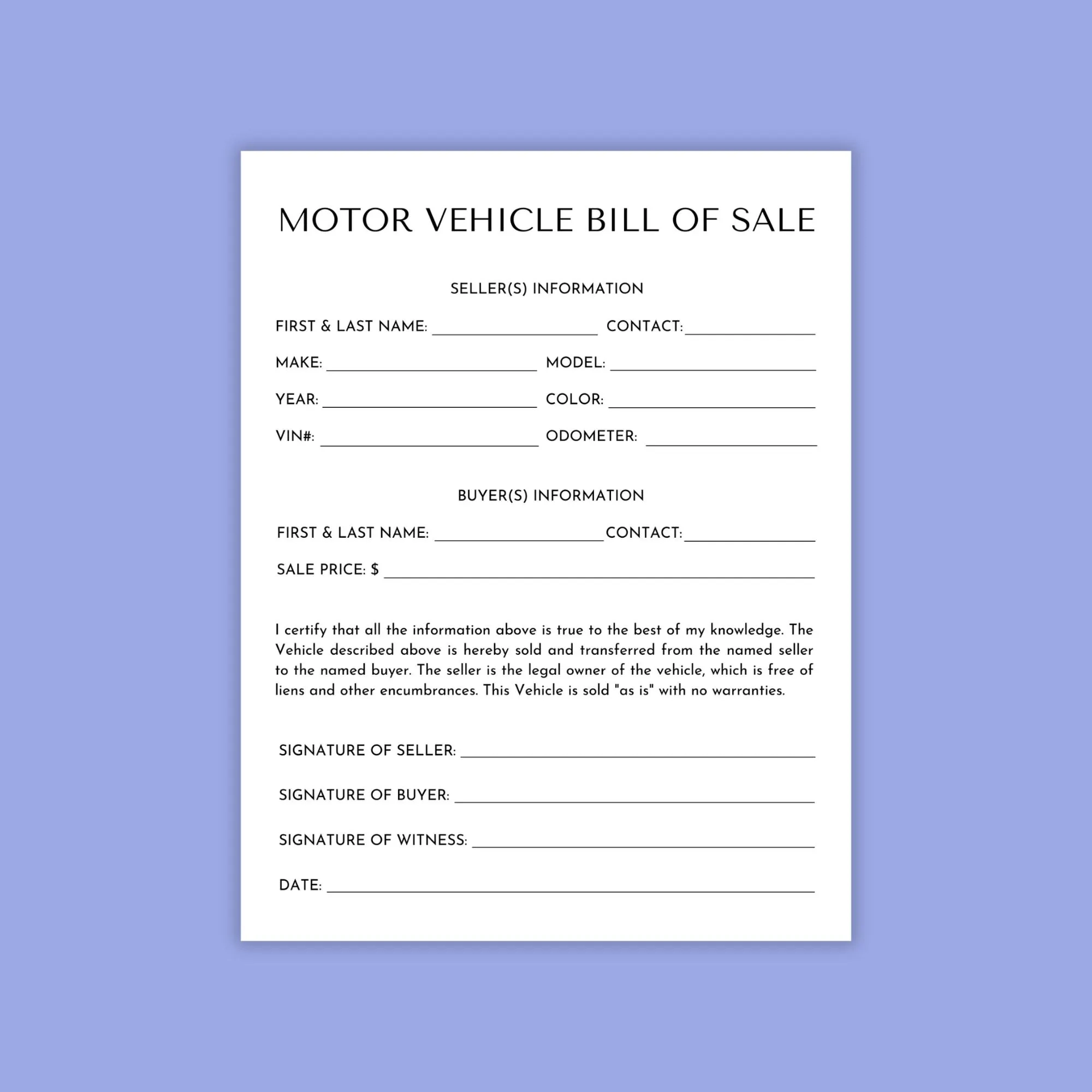 Motor Vehicle Bill Of Sale Template printable Form Etsy Motor Vehicle Bill Of Sale Template printable Form Etsy