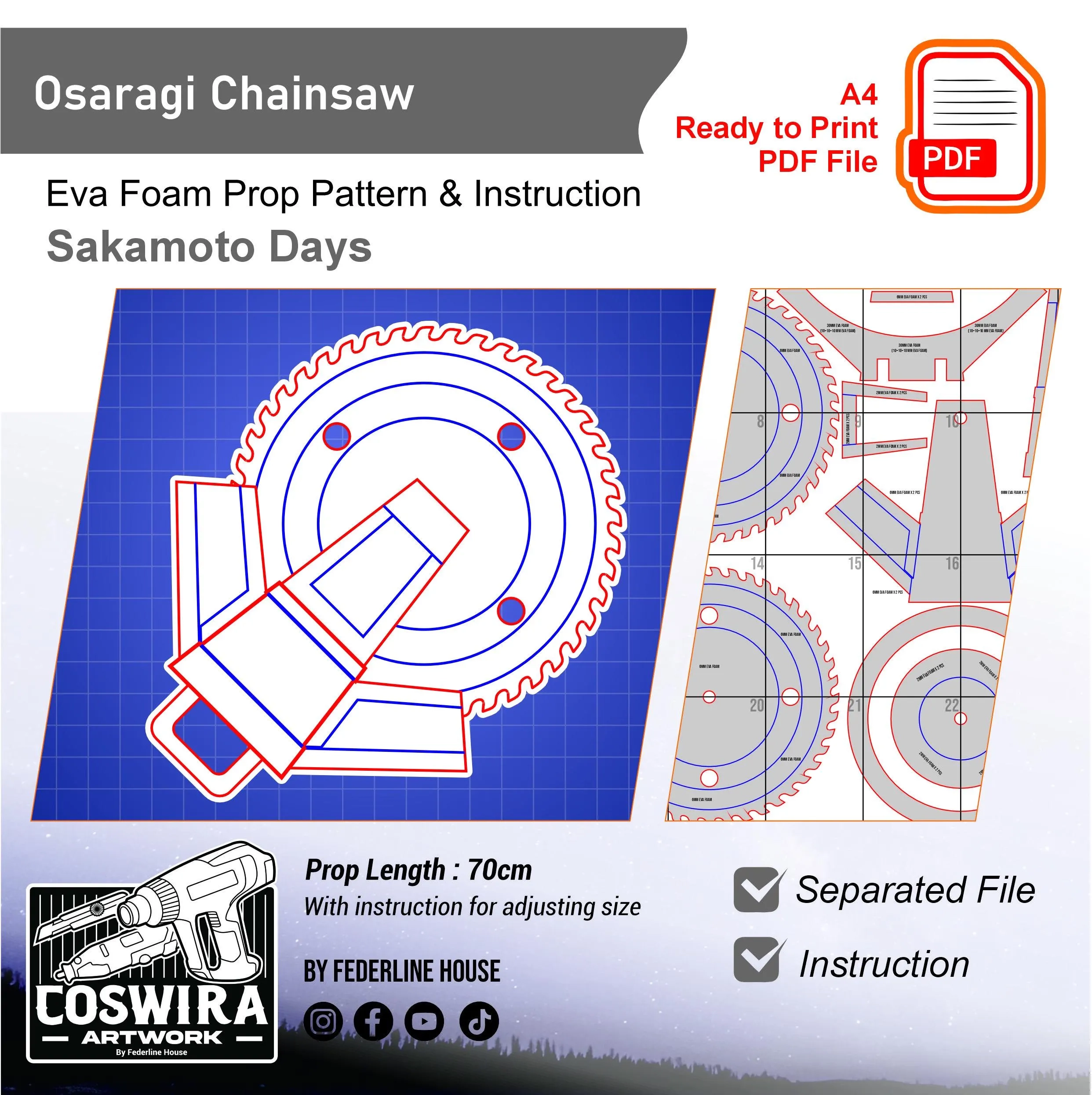 Osaragi Chainsaw Prop Template Video EVA Foam Pattern For DIY Cosplay Builds PDF Download Etsy