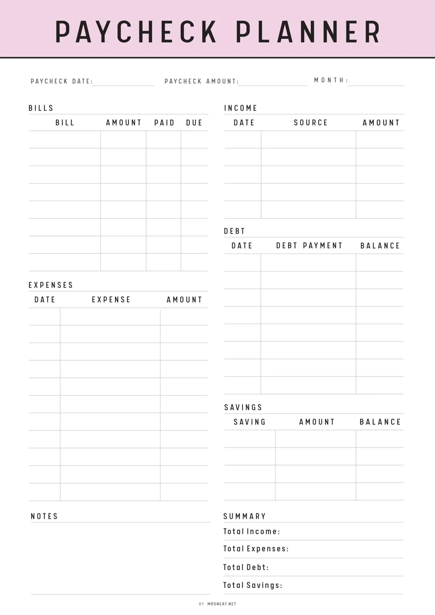 Paycheck Budget Template PRINTABLE M417 Mrsneat