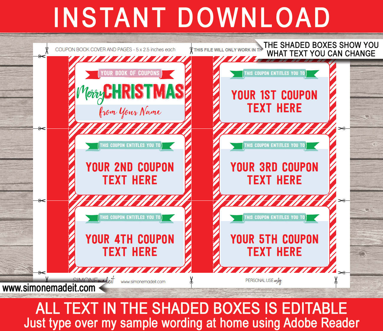 Printable Christmas Coupon Book Template DIY Personalized Coupons