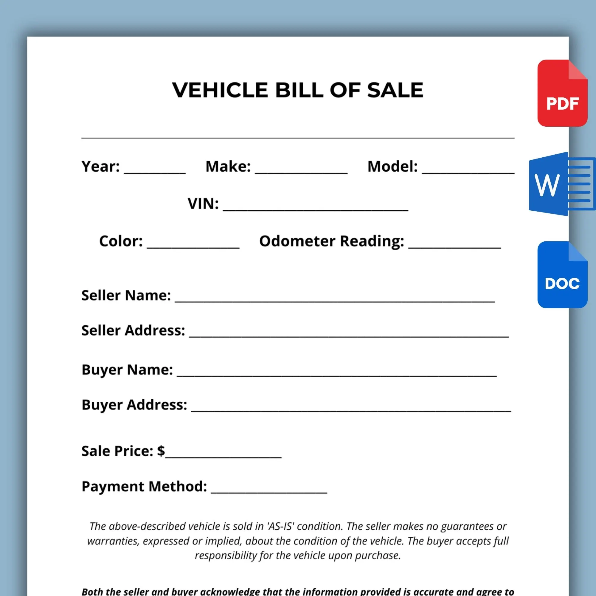 Printable Vehicle Bill Of Sale Template Motor Vehicle Sale Contract Template Fillable PDF Editable Word Google Docs Etsy