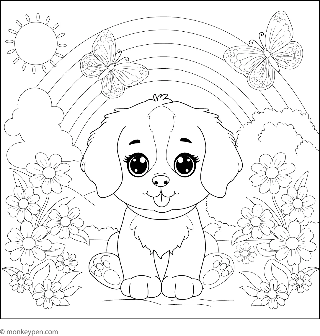 Puppy And The Rainbow Free Printable Coloring Page
