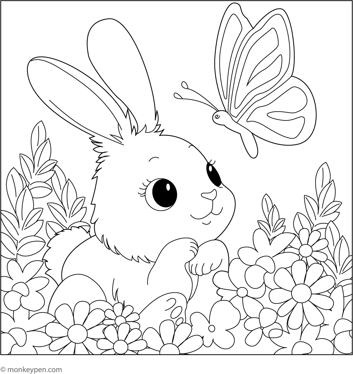 Rabbit And Butterfly Coloring Page