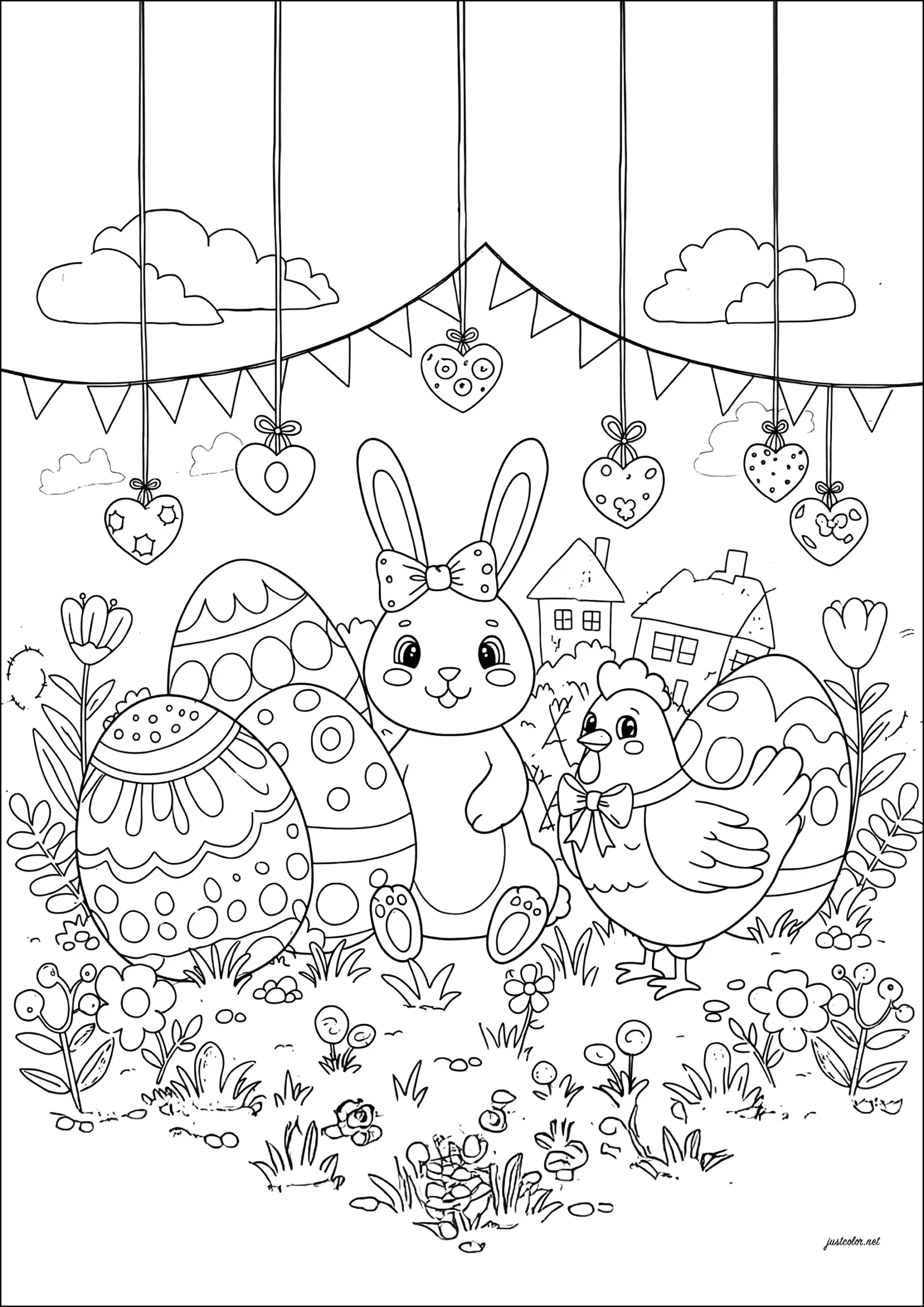 Rabbit And Hen Surrounded By Easter Eggs Easter Coloring Pages For Kids
