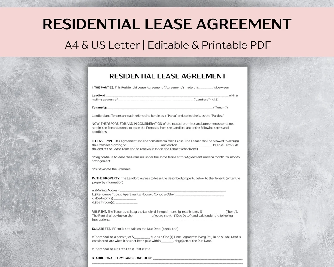 Residential Lease Agreement Template Landlord Forms Printable PDF A4 US Letter Etsy