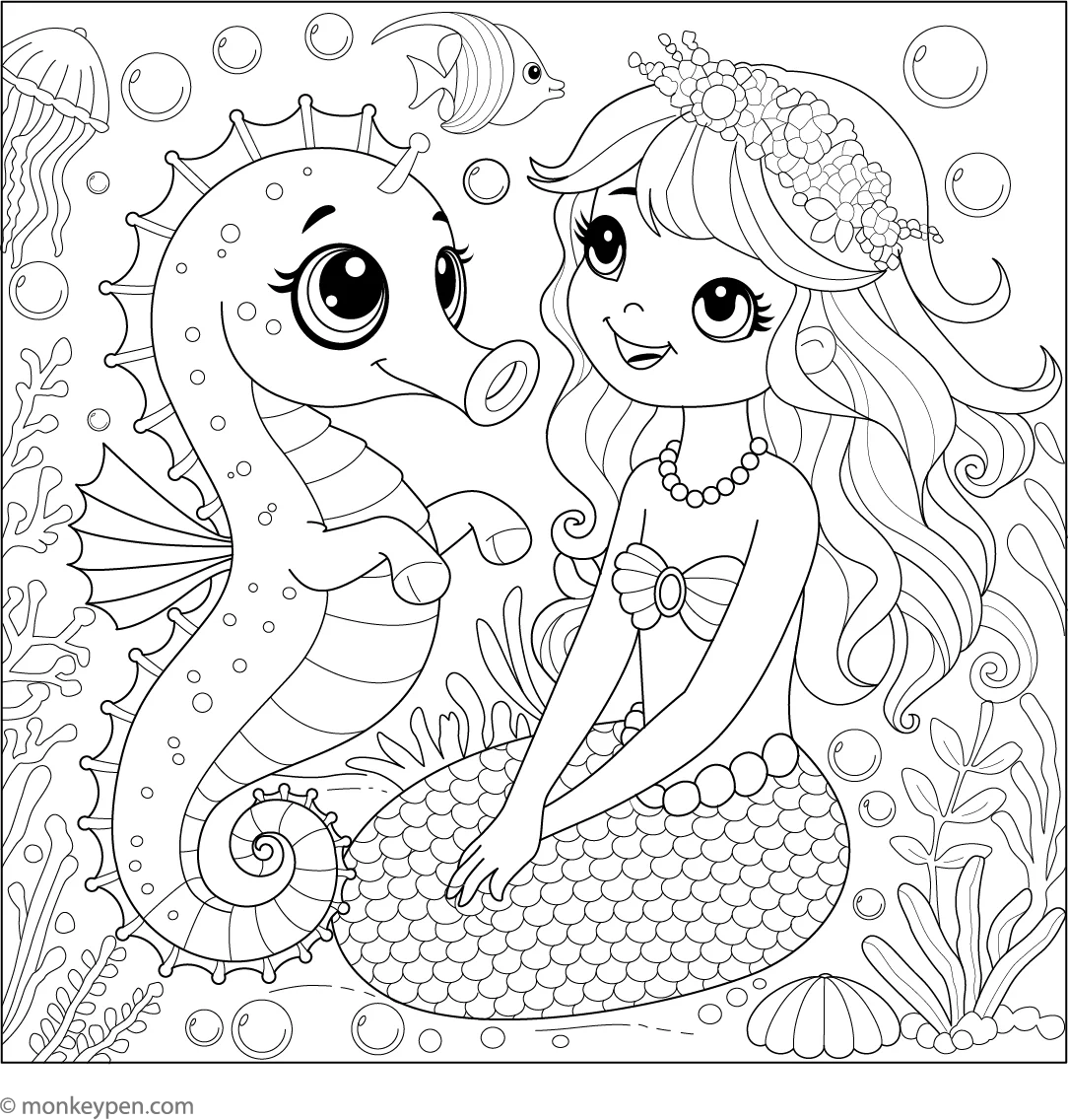 Seahorse And A Mermaid Coloring Page Free PDF For Kids