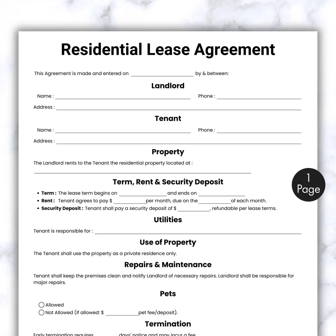 Simple Rental Agreement Template One Page Lease Agreement Printable Editable Residential Housing Agreement Landlord Property Forms Etsy