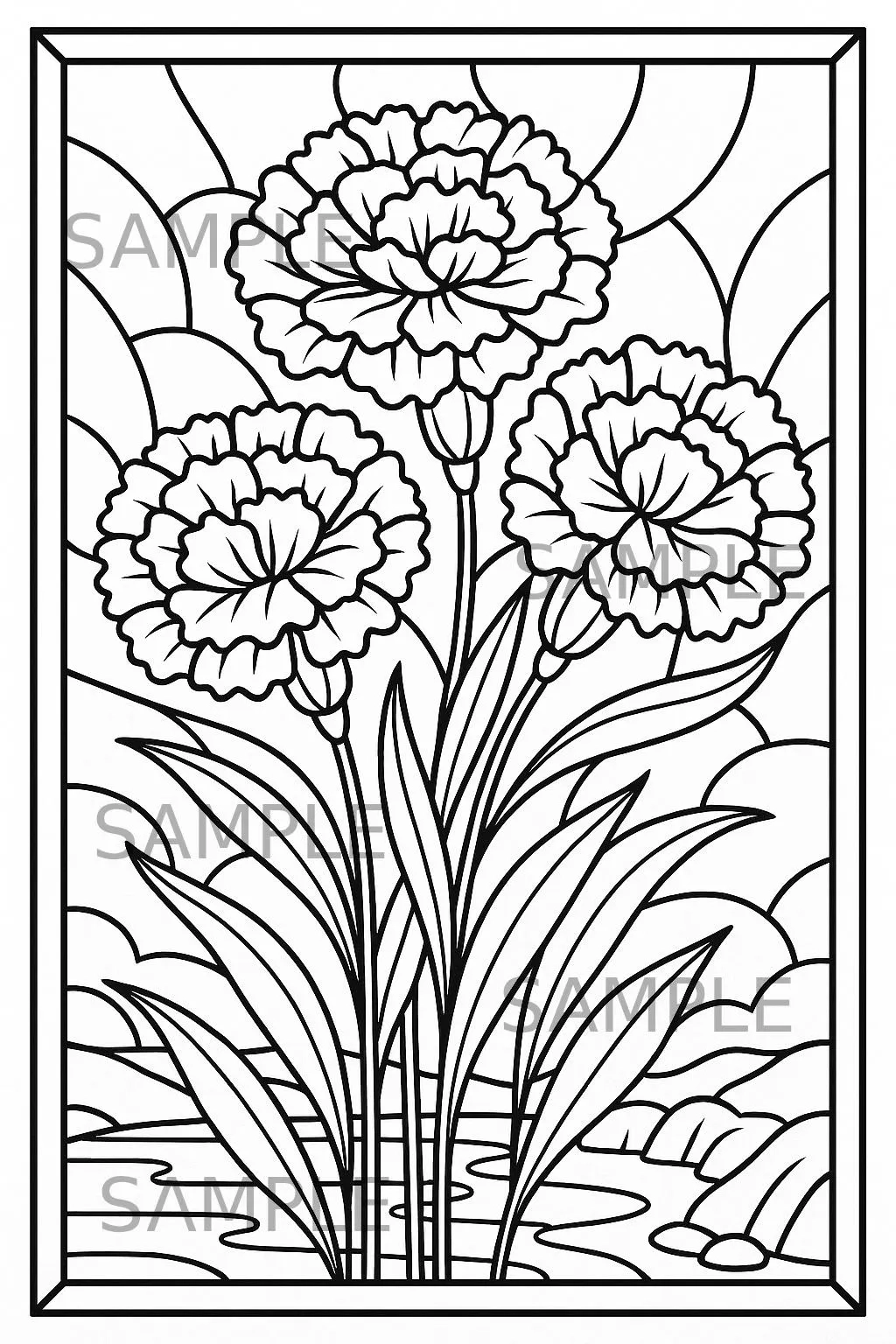 Stained Glass Carnation Coloring Page Floral Coloring Sheet Printable Flower Design Digital Download Png File Etsy