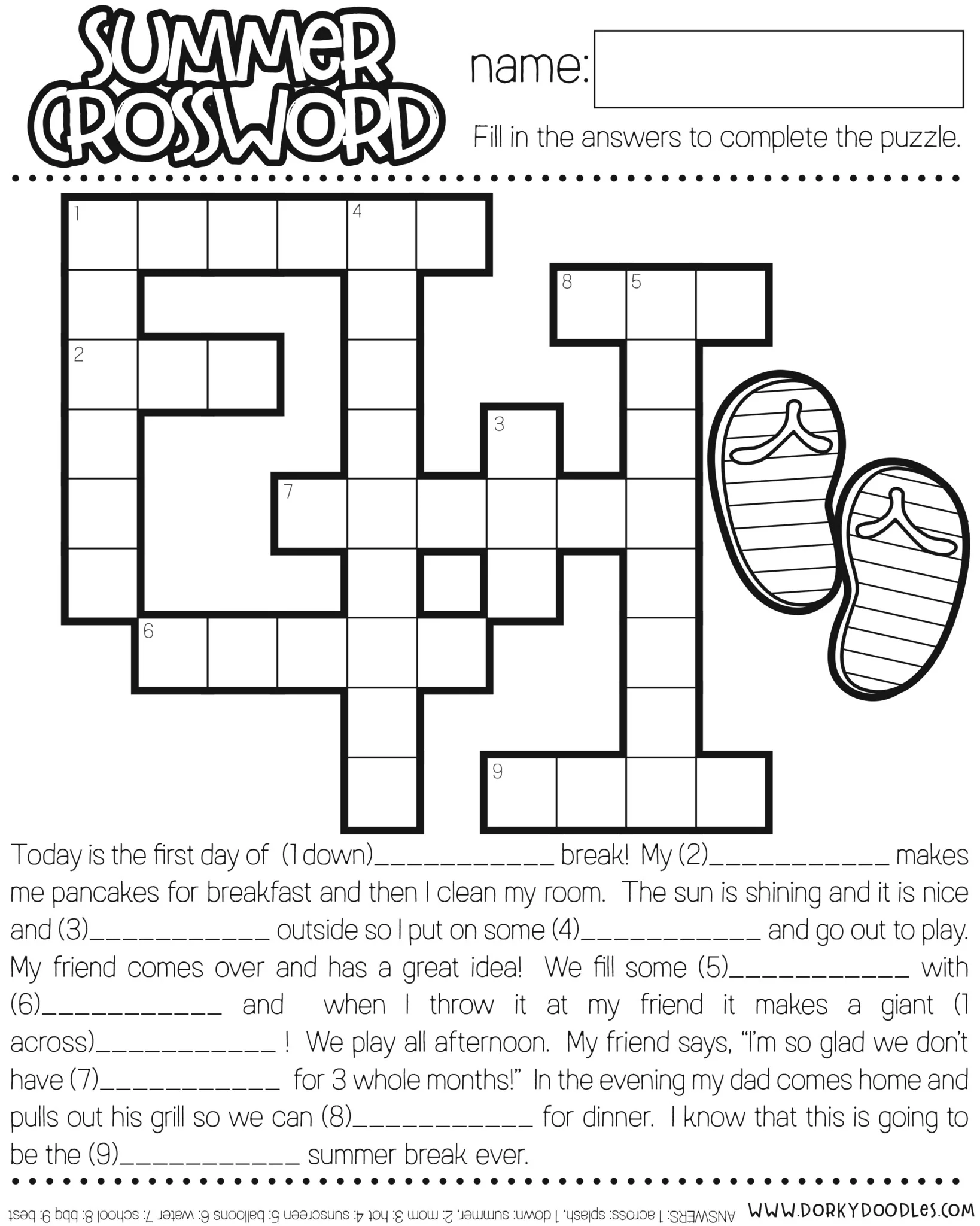 Summer Break Crossword Puzzle Printable Dorky Doodles