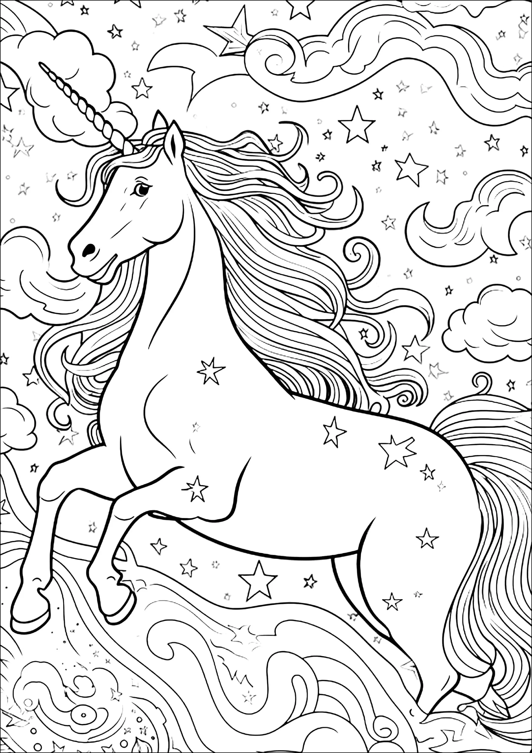 Unicorn In The Sky Clouds And Stars Unicorn Coloring Pages