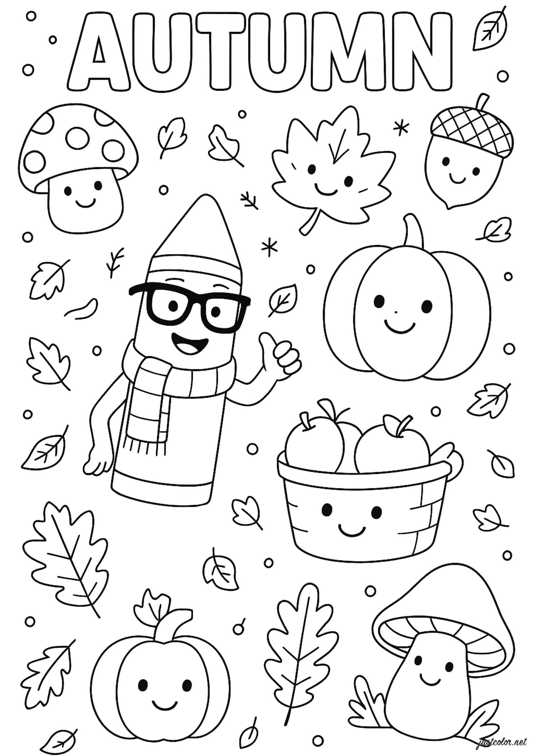 Various Autumn Symbols Autumn Coloring Pages