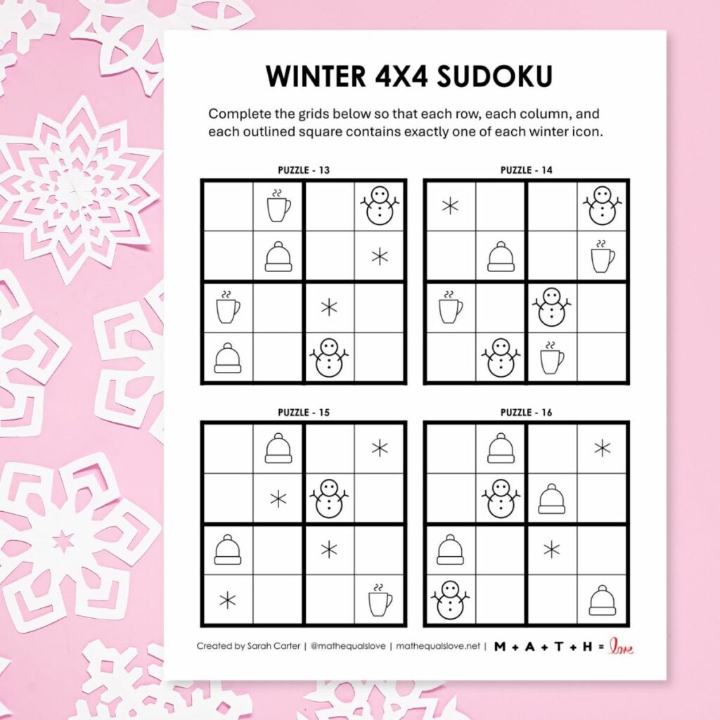 Winter 4x4 Sudoku Puzzles With Pictures Free PDF 