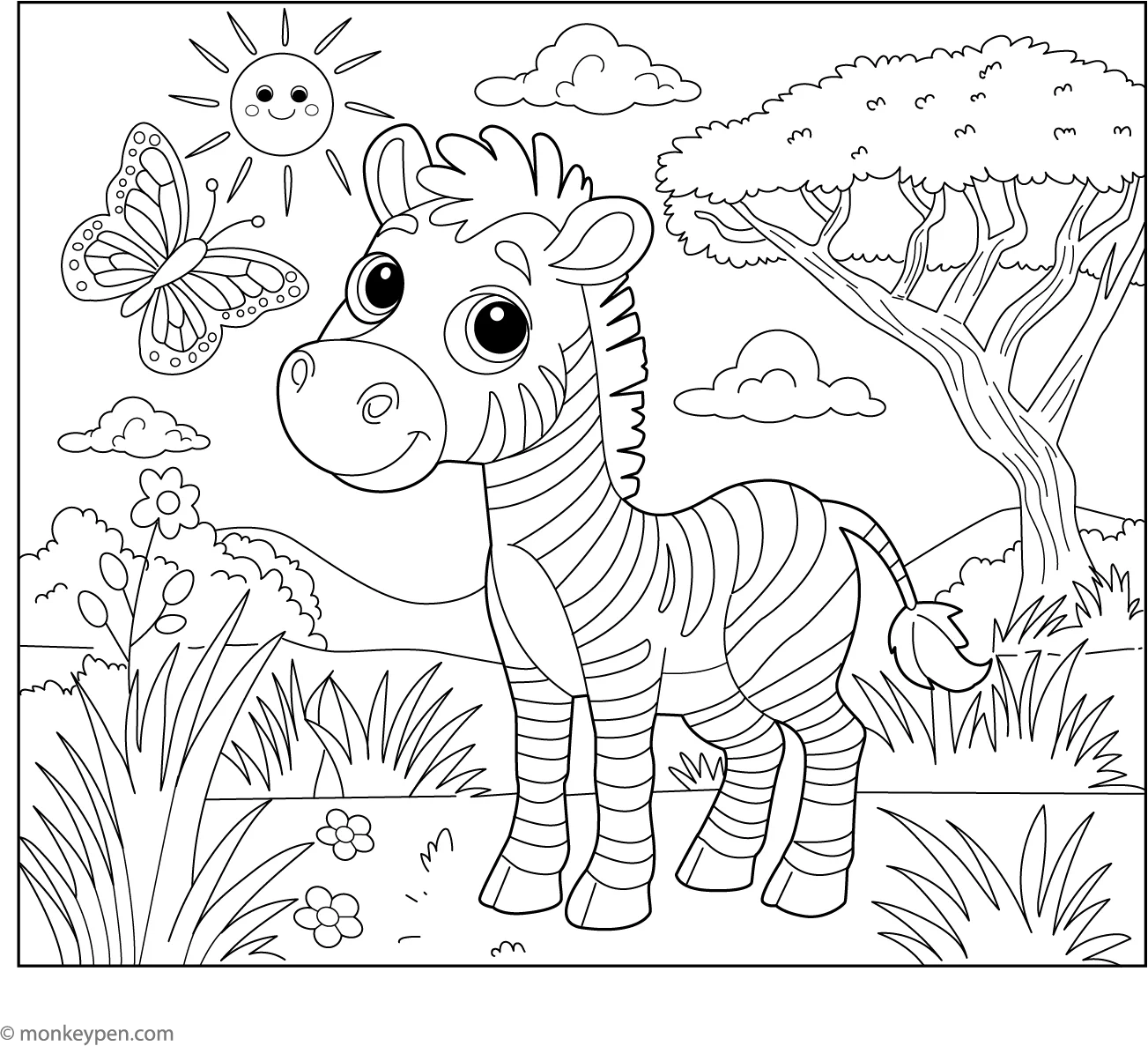 Zebra And A Butterfly Coloring Page Free Printable PDF Zebra And A Butterfly Coloring Page Free Printable PDF